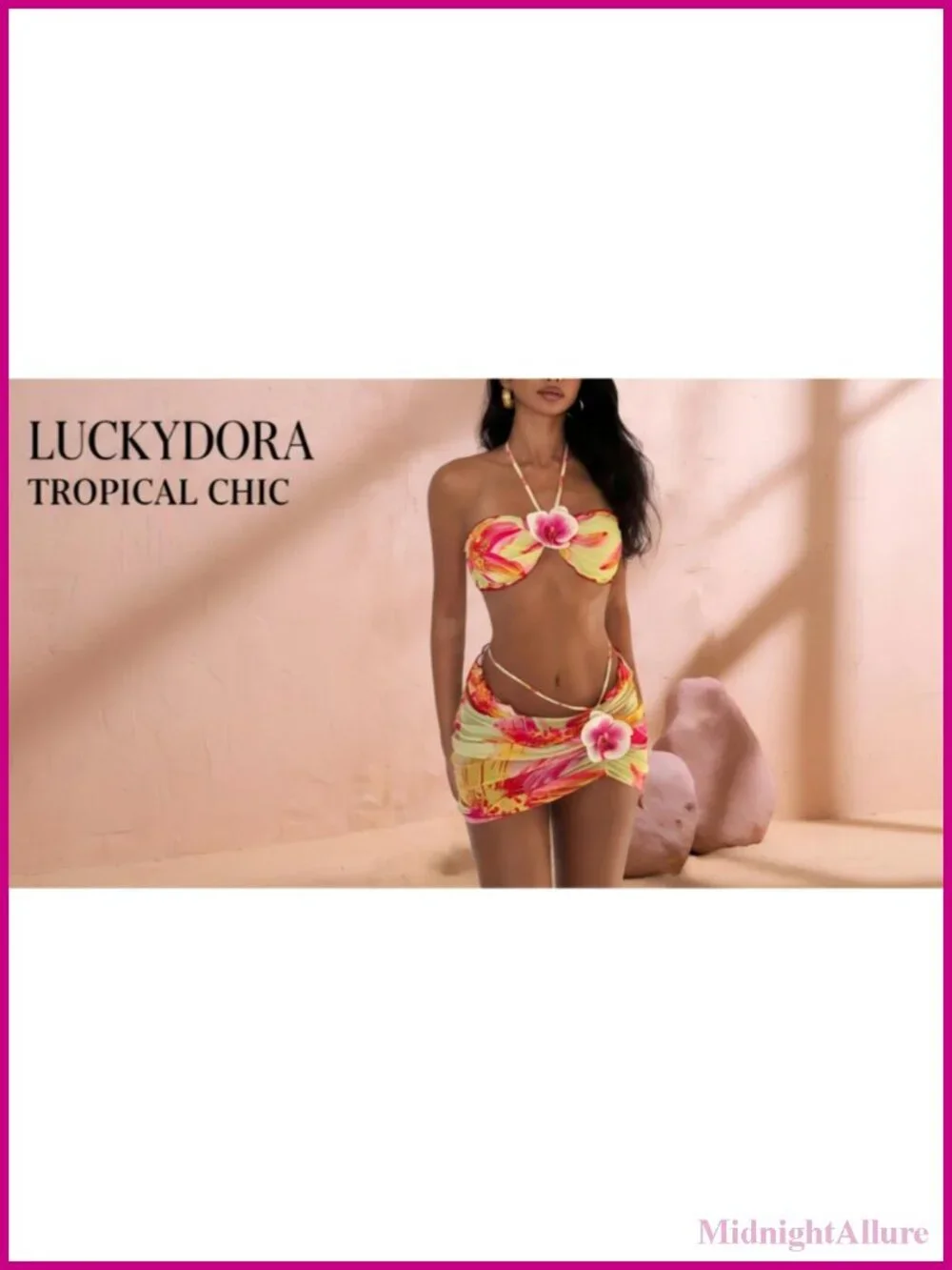 Tropical Floral Bikini Set with Adjustable Top, Tie-Side Skirt Cover Up,